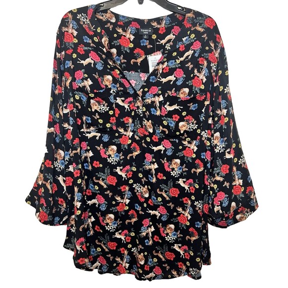 TORRID Harper Black Floral Challis Blouse Forest Animal Fox Rabbit Deer  3X NWT - Picture 1 of 8